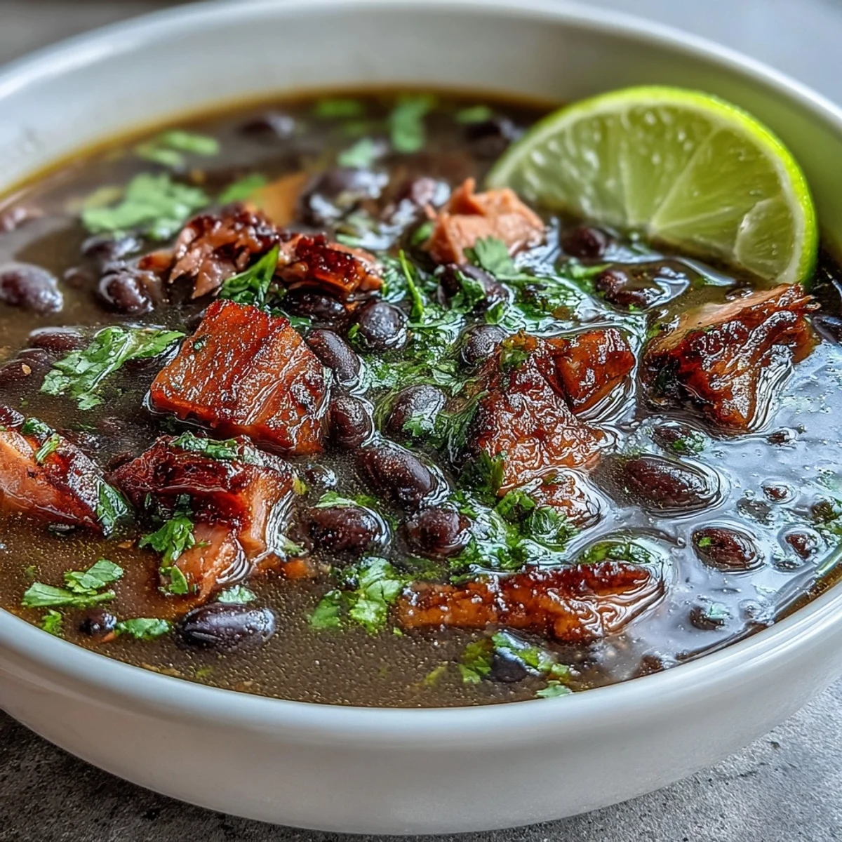 Rich black bean soup with diced ham, bright lime, and fresh cilantro, perfect for a cozy family meal.