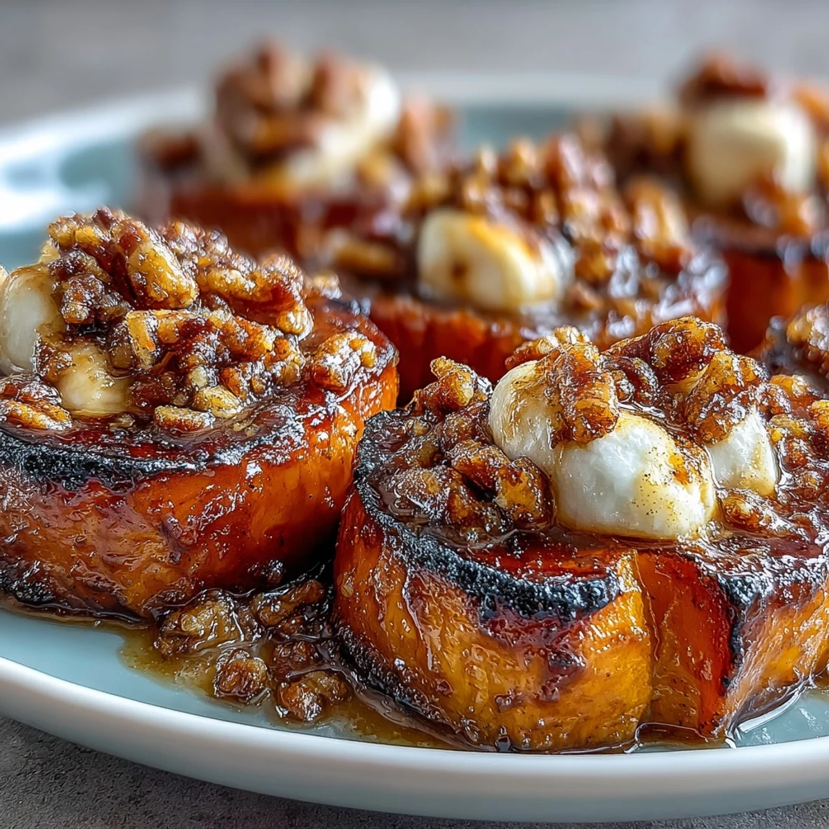 Candied yams with marshmallow pecan crumble, a classic soul food side dish with tender sweet potatoes baked in spiced brown sugar glaze and topped with gooey marshmallows and crunchy pecans.  
