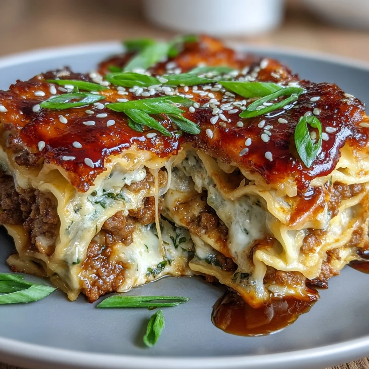 Asian Dumpling Lasagna with Soy Ginger Sauce features layers of tender wrappers, savory meat, and vibrant vegetables, all topped with gooey cheese and zesty sauce.