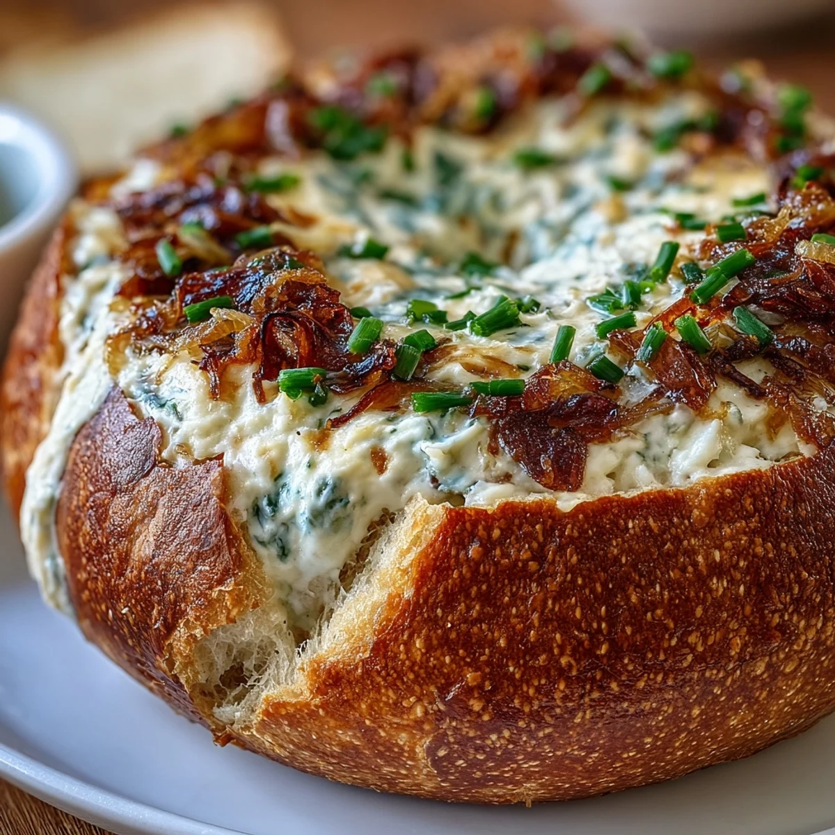 Golden caramelized onions blended into a rich sour cream and cream cheese dip, nestled inside a crusty sourdough loaf.  