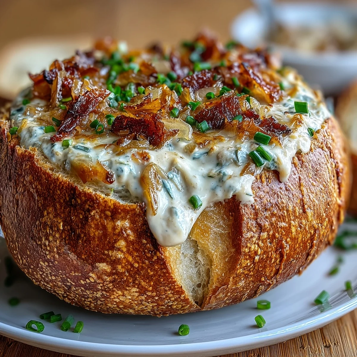 Decadent onion dip baked inside a hollowed sourdough bread bowl, garnished with fresh chives and ready for dipping.