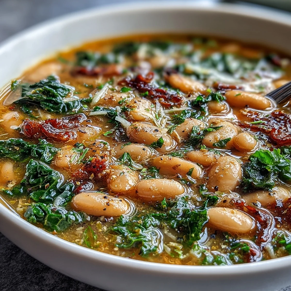 A steaming bowl of Tuscan white bean soup with kale and lemon zest, topped with grated Parmesan and a drizzle of olive oil.