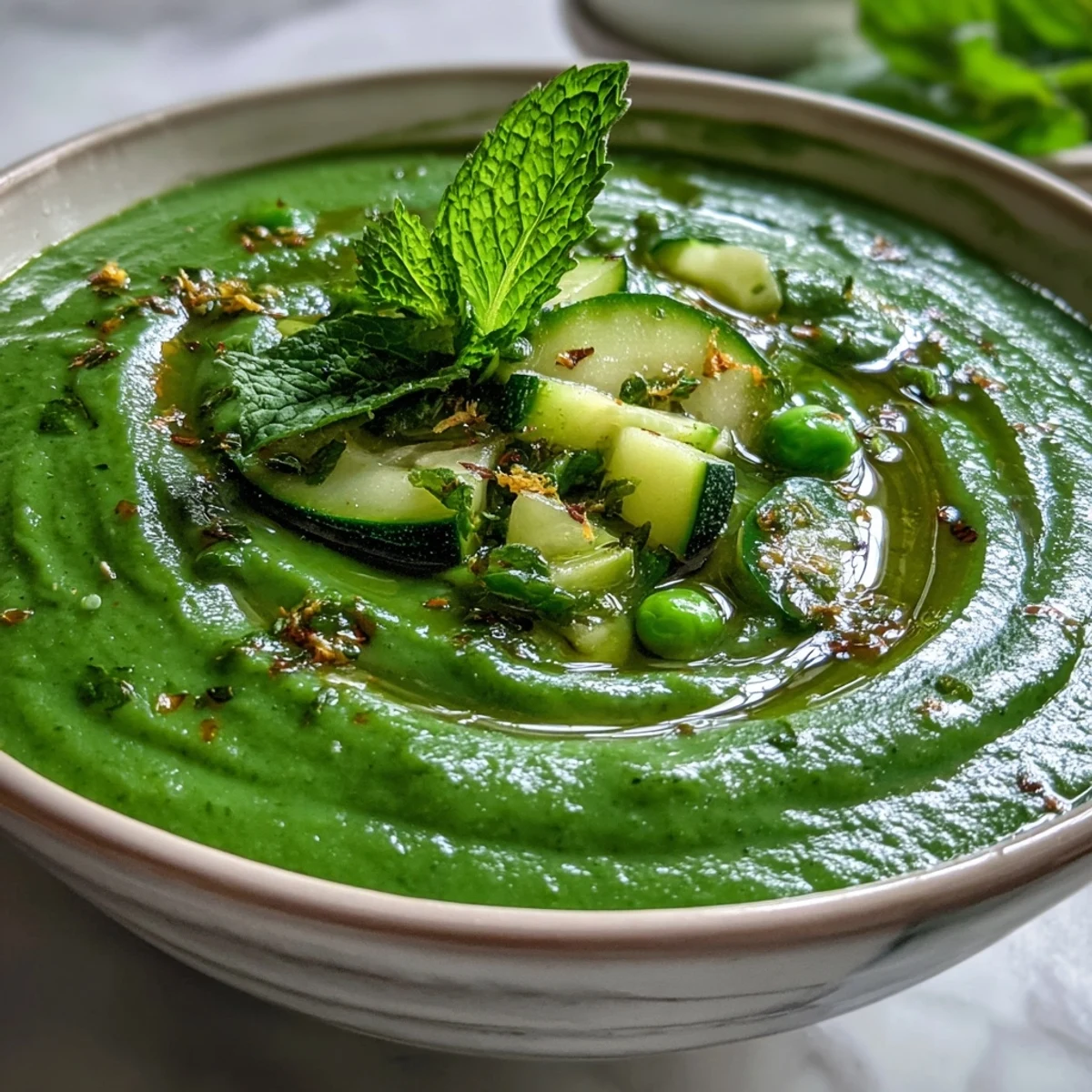 A vibrant green detox soup with zucchini, peas, and broccoli, garnished with fresh herbs and lemon zest.