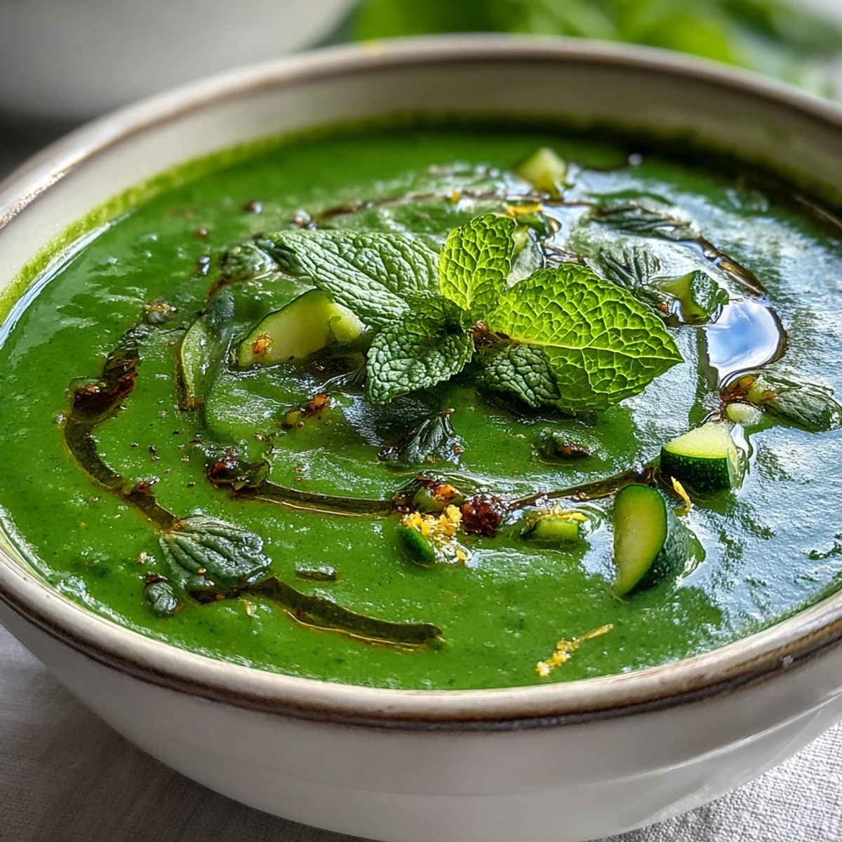Creamy vegetable detox soup with spinach, celery, and potatoes, perfect for a light and healthy meal.
