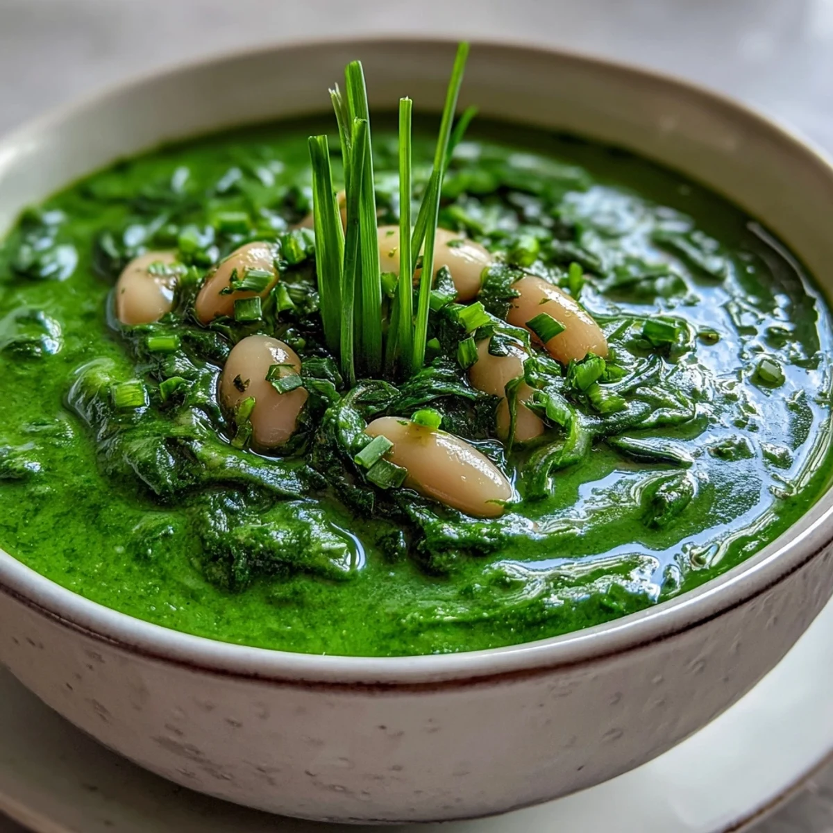 Vibrant green spinach and white bean soup with fresh herbs and vegetables in a cozy bowl.  