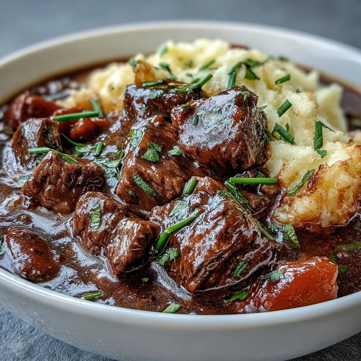 A hearty bowl of lightened Irish beef stew with tender beef and vegetables, served over creamy cauliflower mash.  