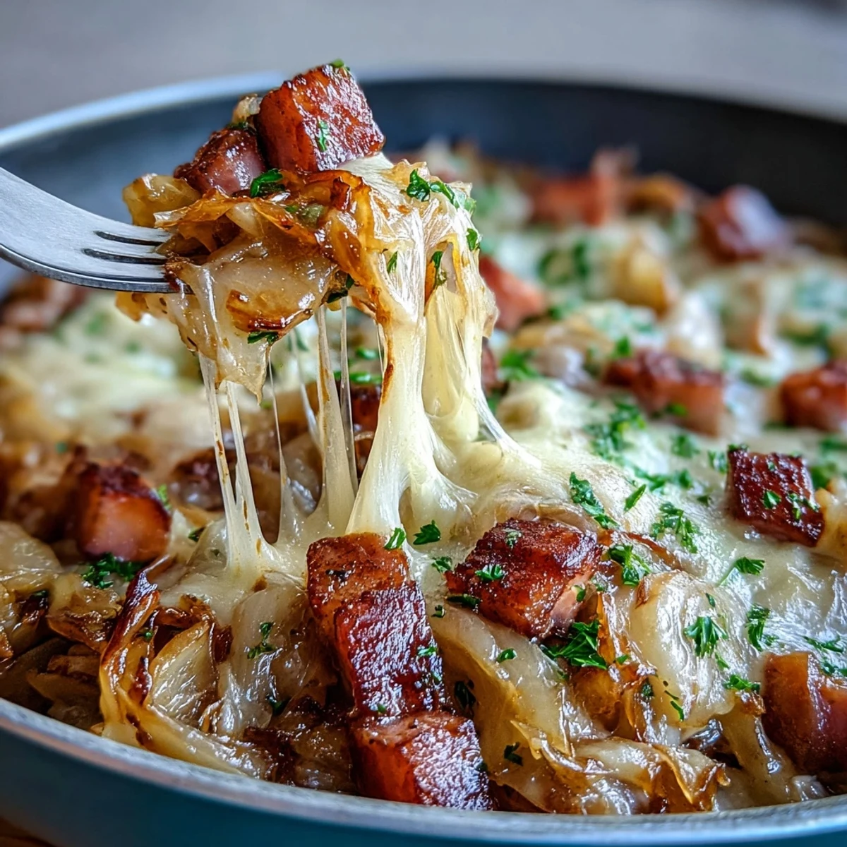 One-pan creamy cabbage and ham dish with melted cheese, golden ham, and vibrant green cabbage for a hearty meal.  