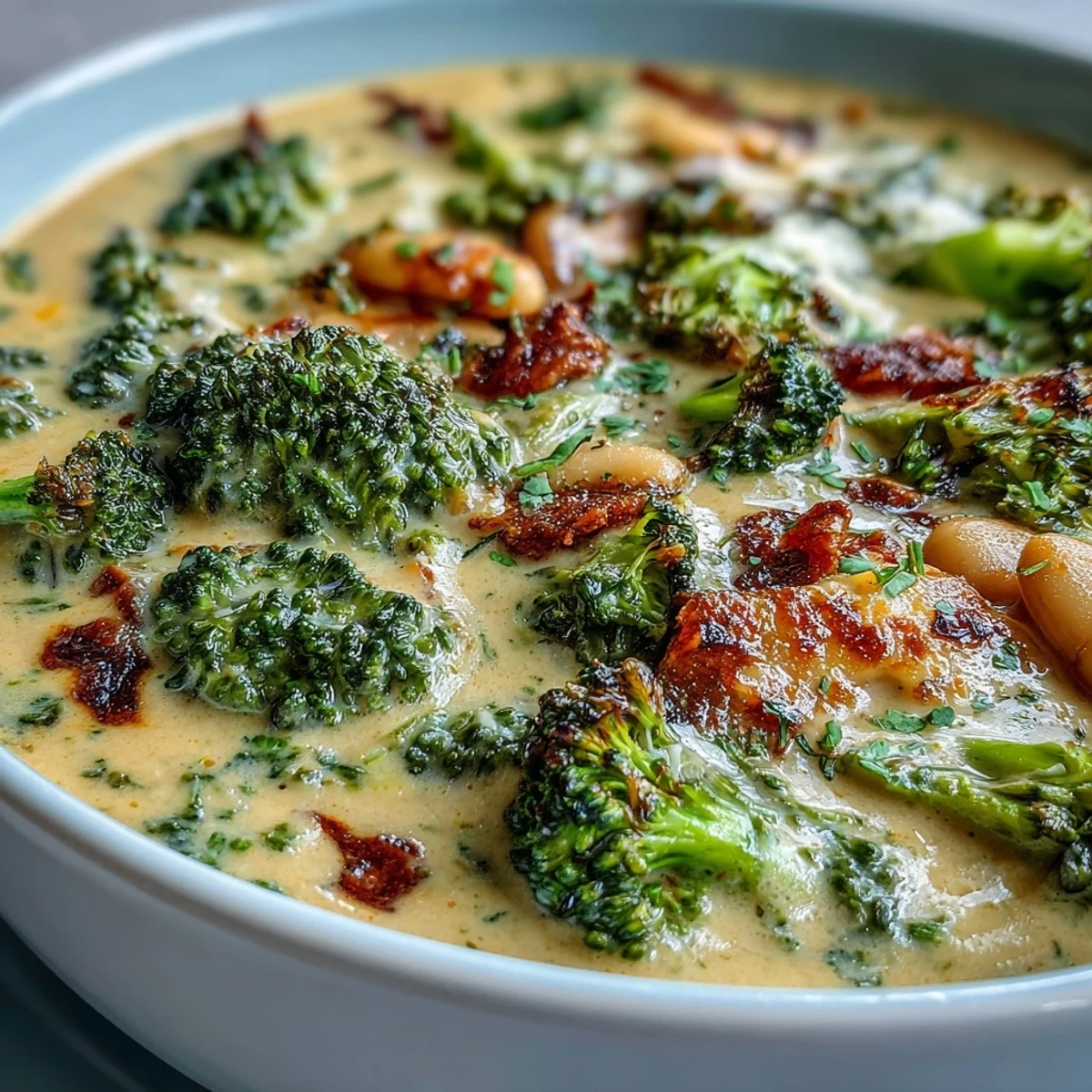 Creamy broccoli and cheddar bean soup in a white bowl with steam rising, garnished with extra shredded cheese and fresh herbs.