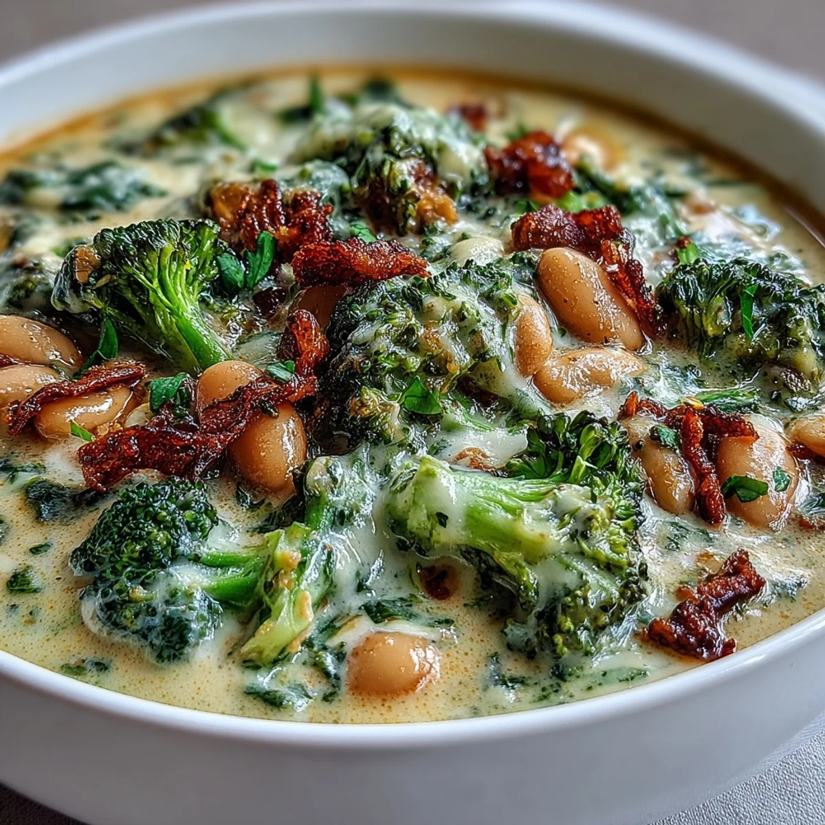A close-up of velvety broccoli cheddar bean soup with tender vegetable chunks, served with crusty bread on the side.