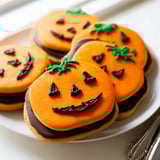 Homemade Chocolate Stuffed Jack-O'-Lantern Cookies with dark chocolate faces, a Halloween treat.