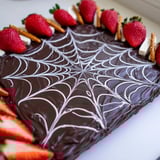 A creamy, dark Spiderweb Chocolate Ganache Board with a white chocolate spider design awaits serving.