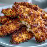 Golden brown Air Fryer Chicken Strips with a crispy coating and juicy interior, served on a white plate with creamy dipping sauce.