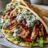 Freshly assembled Mediterranean Chicken Gyros stuffed with crunchy lettuce, sweet tomatoes, and Kalamata olives, drizzled with creamy feta tzatziki sauce.
