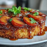 Golden Brown Sugar Peach Upside-Down Cake, perfectly moist with juicy fruit slices.