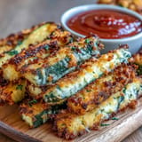 Vibrant green zucchini sticks coated in crunchy Parmesan, baked to golden perfection.