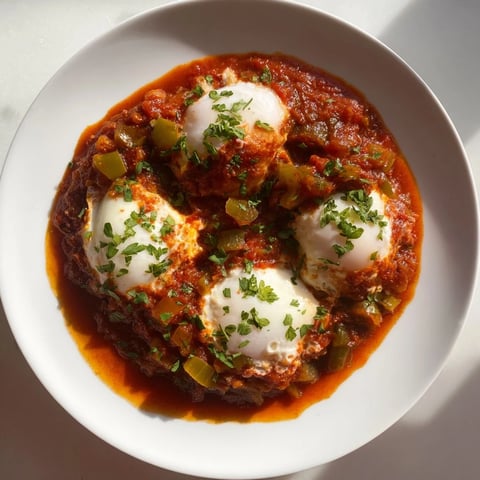 Golden, runny yolks of Shakshuka nestled in a zesty tomato and pepper sauce.