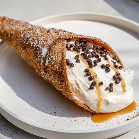 Quick Churro Cheesecake Cones: crispy churro exterior meets creamy cheesecake filling, finished with chocolate chips for a treat.