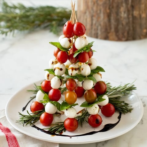 Easy Christmas Tree Caprese Skewers arranged on a platter, showcasing fresh basil, mozzarella, and juicy tomatoes.