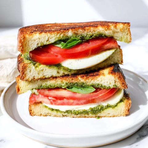 Caprese Pesto Panini-Style Grilled Cheese, golden and oozing melted mozzarella and pesto.