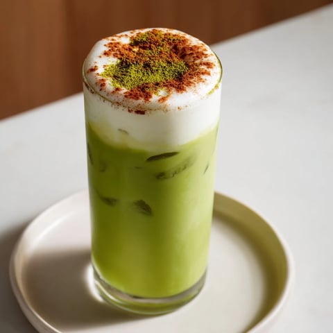 Frothy Cinnamon Roll Iced Matcha: a refreshing, layered beverage with protein foam and cinnamon dusting on top.