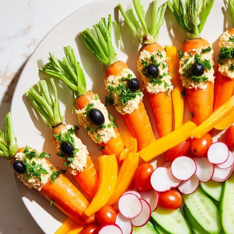 Vibrant Carrot Patch Veggie Board arrangement showcases fresh carrots upright in a creamy hummus "soil".