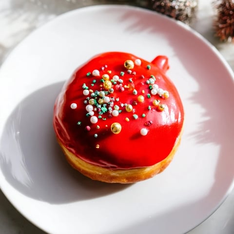 Golden-fried Christmas ornament beignets, dusted with vibrant icing and holiday sprinkles, ready to enjoy.