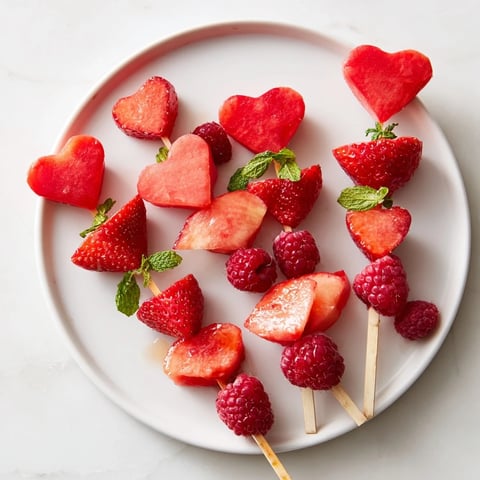 Vibrant red heart fruit skewers, a refreshing dessert featuring juicy watermelon and raspberries.