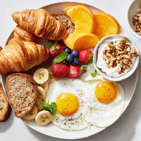 A Soleil Matinal breakfast platter showing colorful fruits, golden eggs, and buttery croissants.
