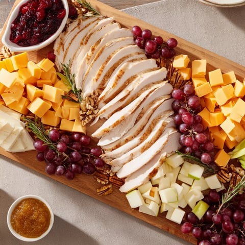 A beautifully arranged Turkey Cheese and Cracker Board, perfect for a Thanksgiving appetizer with various cheeses.