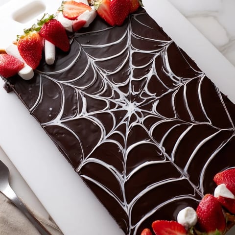 Spiderweb Chocolate Ganache Board glistens with dark chocolate, ready for dipping treats.