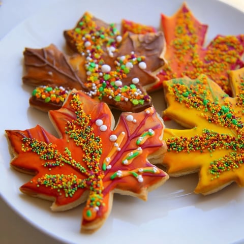 Golden maple leaf cookies are decorated with vibrant icing and sprinkles, this festive maple leaf cookie kit looks delicious.