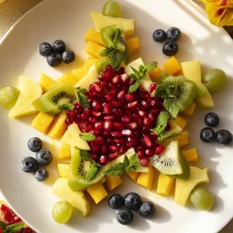 Vibrant Pomegranate and Mint Star Fruit Platter with glistening pomegranate jewels and fresh mint.
