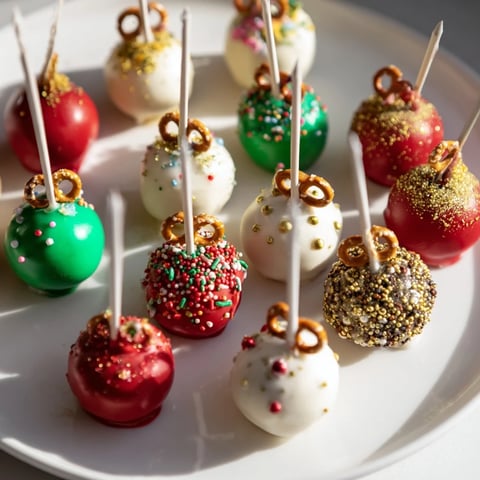Festive ornament ball cake pops with colorful sprinkles are perfect holiday desserts.