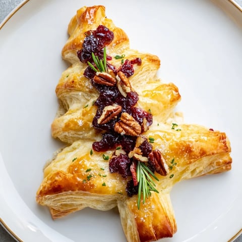 Golden-brown Brie en Croûte Pine Tree, baked to perfection, is filled with sweet cranberry and crunchy pecans.