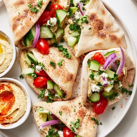Warm, flavorful mini pita pockets ready to be filled, alongside a trio of delicious hummus bowls.