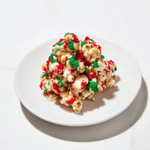 Sweet and festive popcorn piles, a delicious snack with vibrant red and green sprinkles topping each cluster.