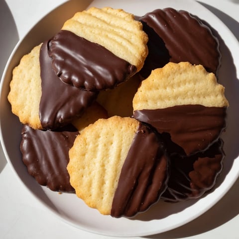 Golden-brown Simple Cookies: Vanilla Wafers, half dipped in glossy, decadent melted chocolate.