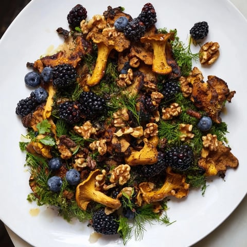 A vibrant Northwest Forest Forager salad showcases golden roasted mushrooms, berries, and toasted nuts.