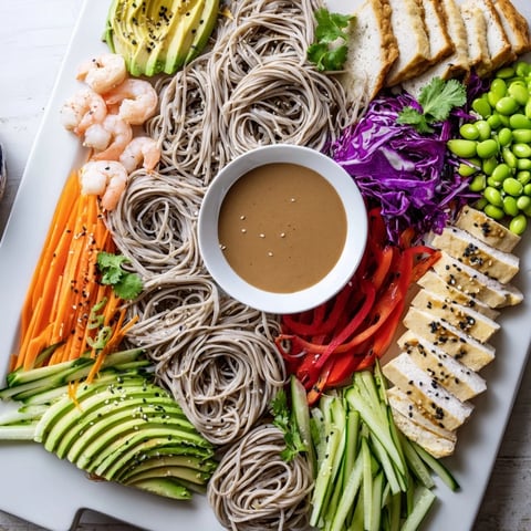 Vibrant Asian fusion noodle bowl featuring rice and soba noodles with flavorful proteins.