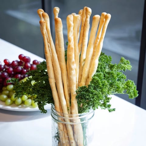 Vertical Forest appetizer: Tall breadsticks standing with fresh grapes and parsley, a stunning party centerpiece.