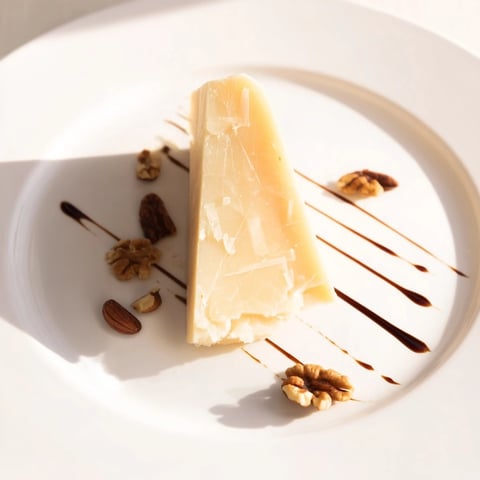 Elegant cheese platter the "Sundial" displays aged cheese, balsamic shadow, and nut clusters for serving.