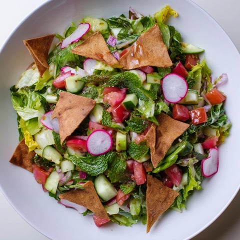 A colorful Lebanese Fattoush Salad with vibrant vegetables and crispy pita chips, ready to enjoy.