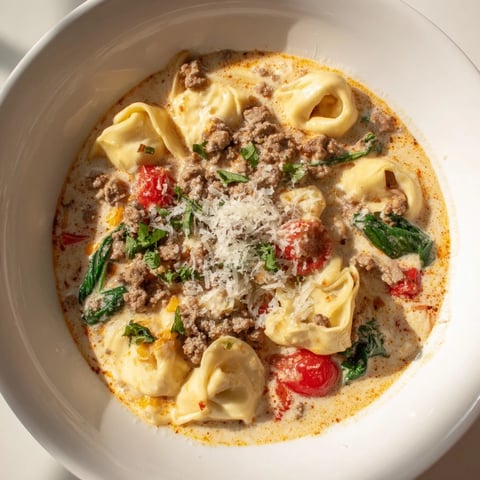 Creamy Tortellini Beef Soup, brimming with tender tortellini and seasoned ground beef, perfect for a cozy dinner.
