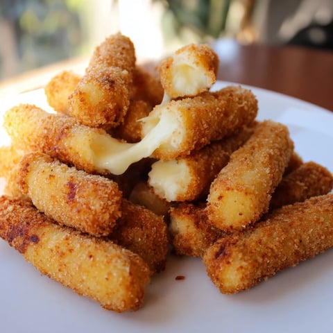 Golden-brown air fryer mozzarella sticks, perfect for dipping in warm marinara sauce.