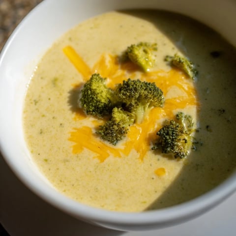 A creamy bowl of Broccoli Cheddar Soup, garnished with roasted broccoli florets and extra cheese.