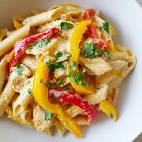 Steaming Chicken Fajita Pasta Skillet with melted cheese, peppers, and cilantro garnish.  