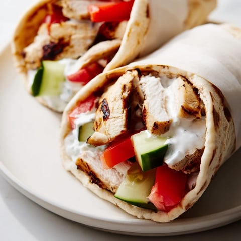 Grilled chicken strips nestled in a soft pita with creamy tzatziki, fresh cucumber, and ripe tomato slices.