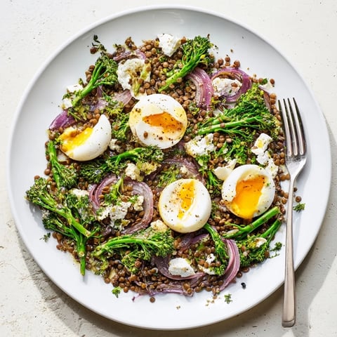 A warm bowl of French Lentil Salad With Broccolini and Soft-Cooked Eggs, topped with jammy yolks and crumbled goat cheese.  
