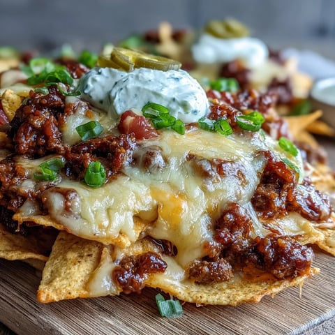 Freshly baked BBQ Beef Nachos topped with melted cheddar, sour cream, and pickled jalapeños on a rustic platter.