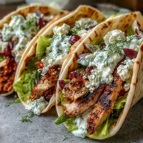 Juicy Mediterranean Chicken Gyros sizzling on a grill pan topped with creamy feta tzatziki, lettuce, and tomatoes, ready to wrap.